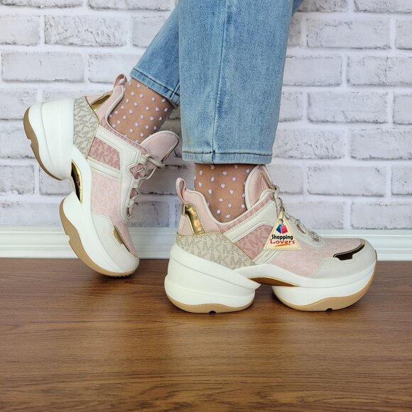 ❤️Michael Kors Olympia Mixed Media Trainer Platform 8M Women Shoes Sneakers Pink - Picture 1 of 12